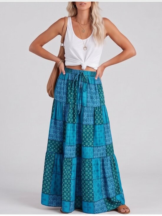By Design Dresses & Skirts - Boho Patchwork Print Maxi Skirt Blue